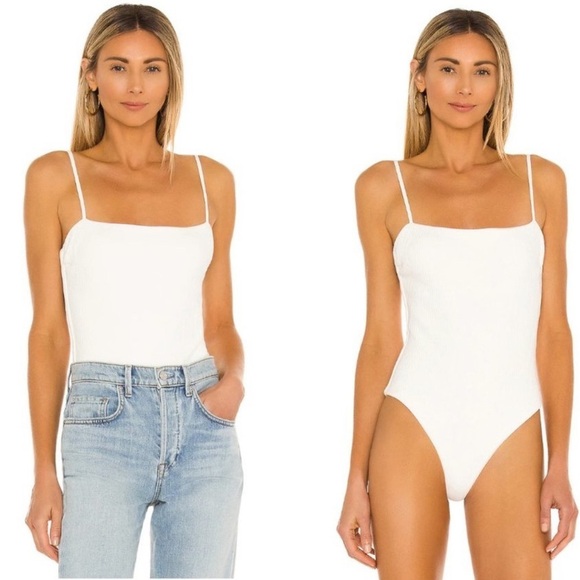 SNDYS Everyday Lounge Genesis Bodysuit In White Ribbed Knit Jersey Thong Small - Picture 1 of 12
